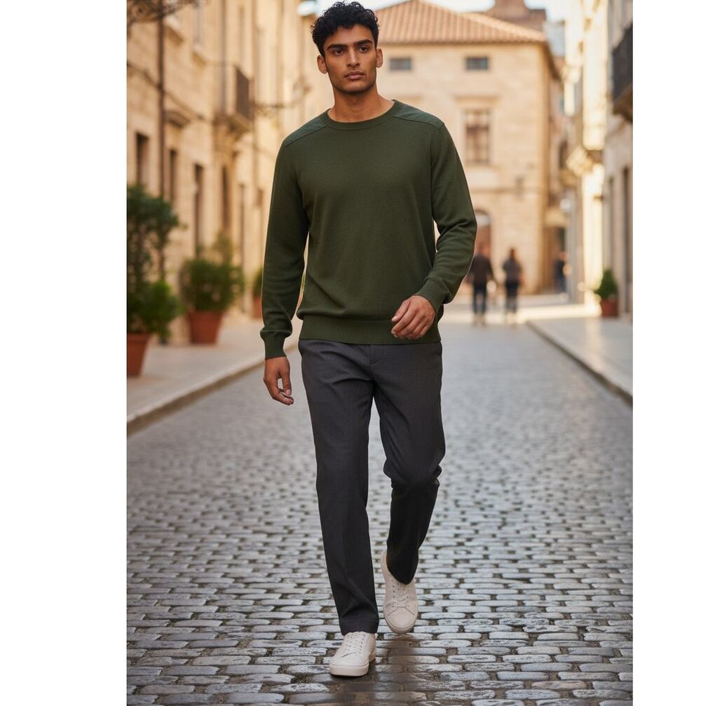 A.P.C. Ernest Military Crew Knit Olive Green Sweater Men's L Shoulder Patch